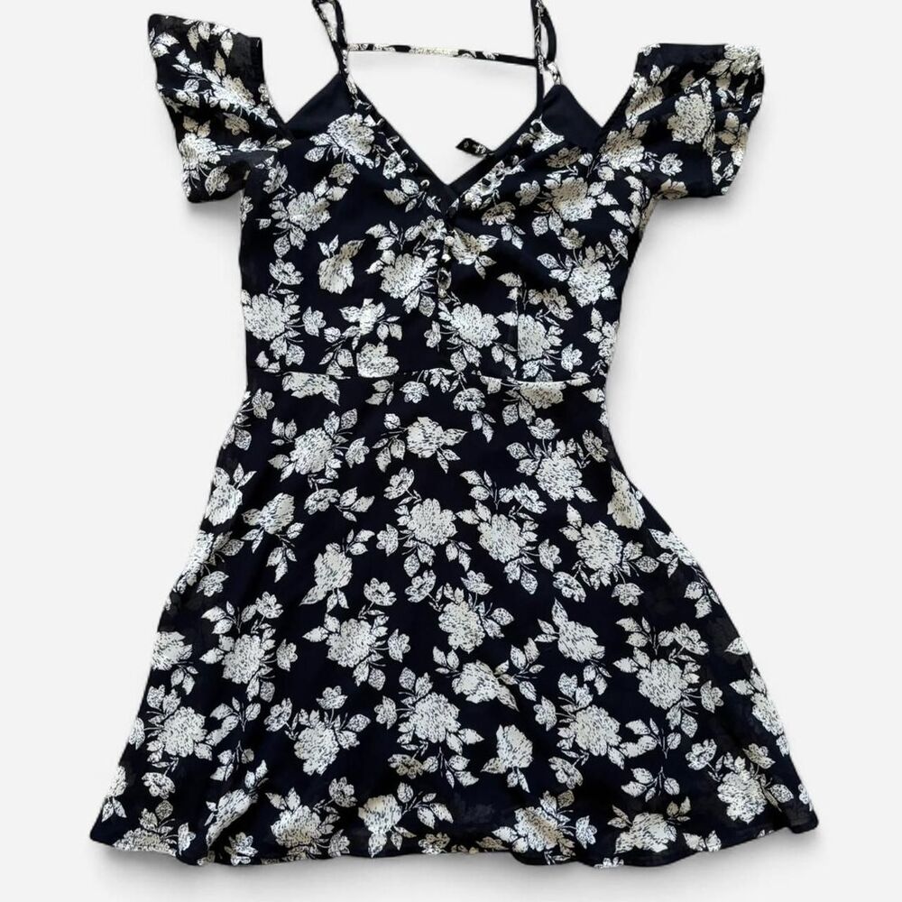 Size 12 Black and white floral mini dress with tie back
